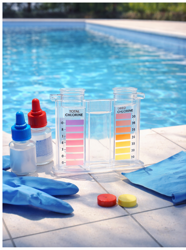 Medición de pH y cloro en alberca para una desinfección eficiente.